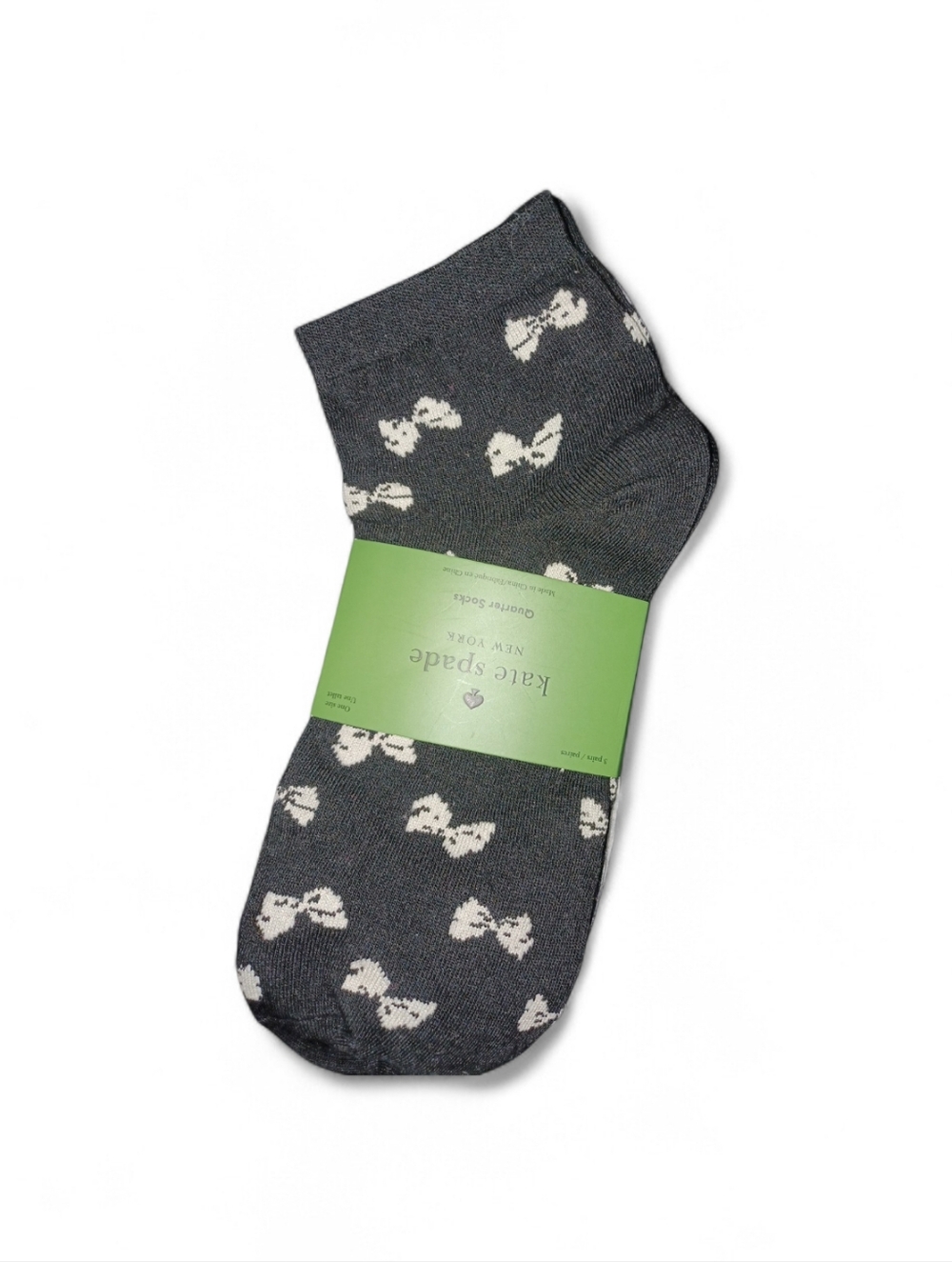 Kate Spade Charcoal Grey Ankle Socks with Cream Bow Pattern NWT